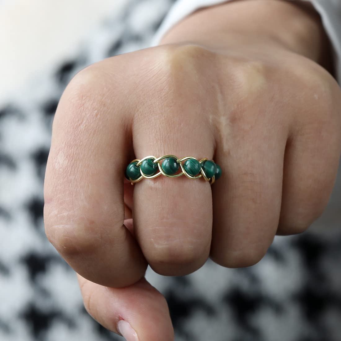 Tsnamer Rose Quartz Crystal Ring, Handmade Wire Wrapped Beaded Braided Rose Quartz Ring, Crystal, Malachite