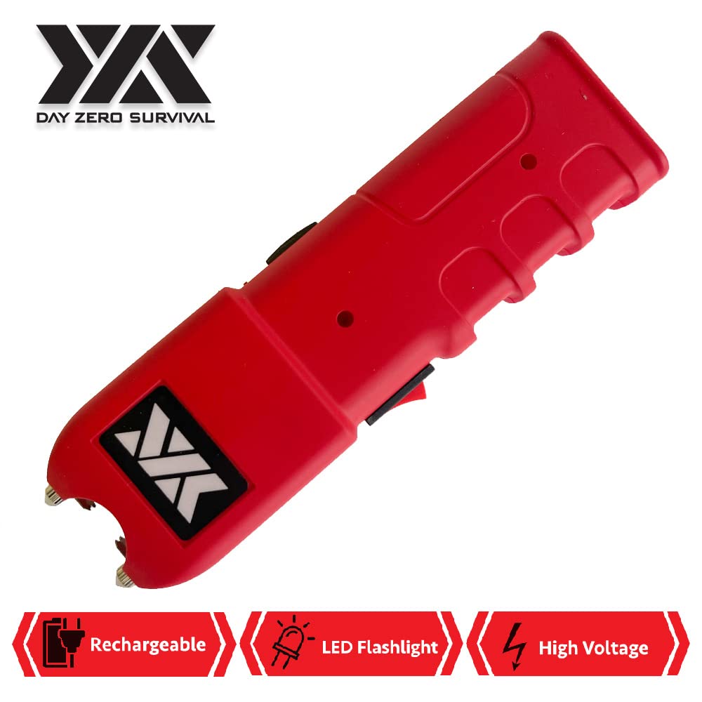 Day Zero Survival Red Stun Gun Heavy Duty 100 Billion Volt Rechargeable with LED Flashlight