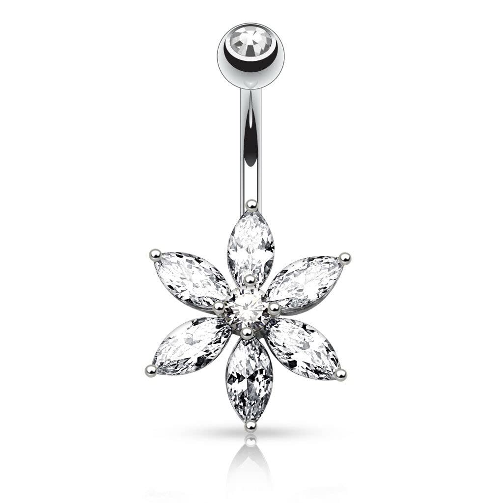 Marquise Cut CZ Flower Petal Surgical Steel Navel Belly Button Ring 14g 3/8" - Clear