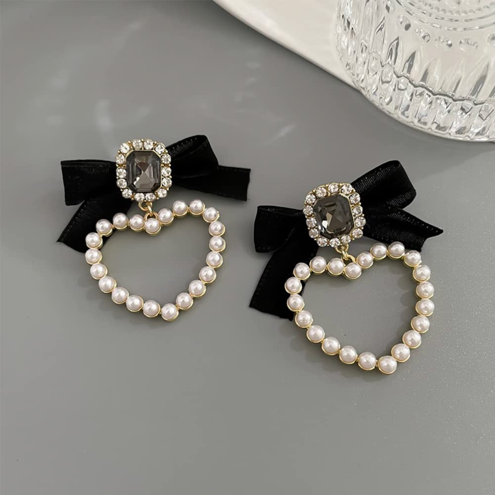 Channel V Vintage Heart Pearl Earrings Black Ribbon Bow Dangle Earrings Luxury Square Rhinestone Statement Love Pearl Jewelry Bow Tie Sparkly Party Sweet Wedding Bride Earrings Women