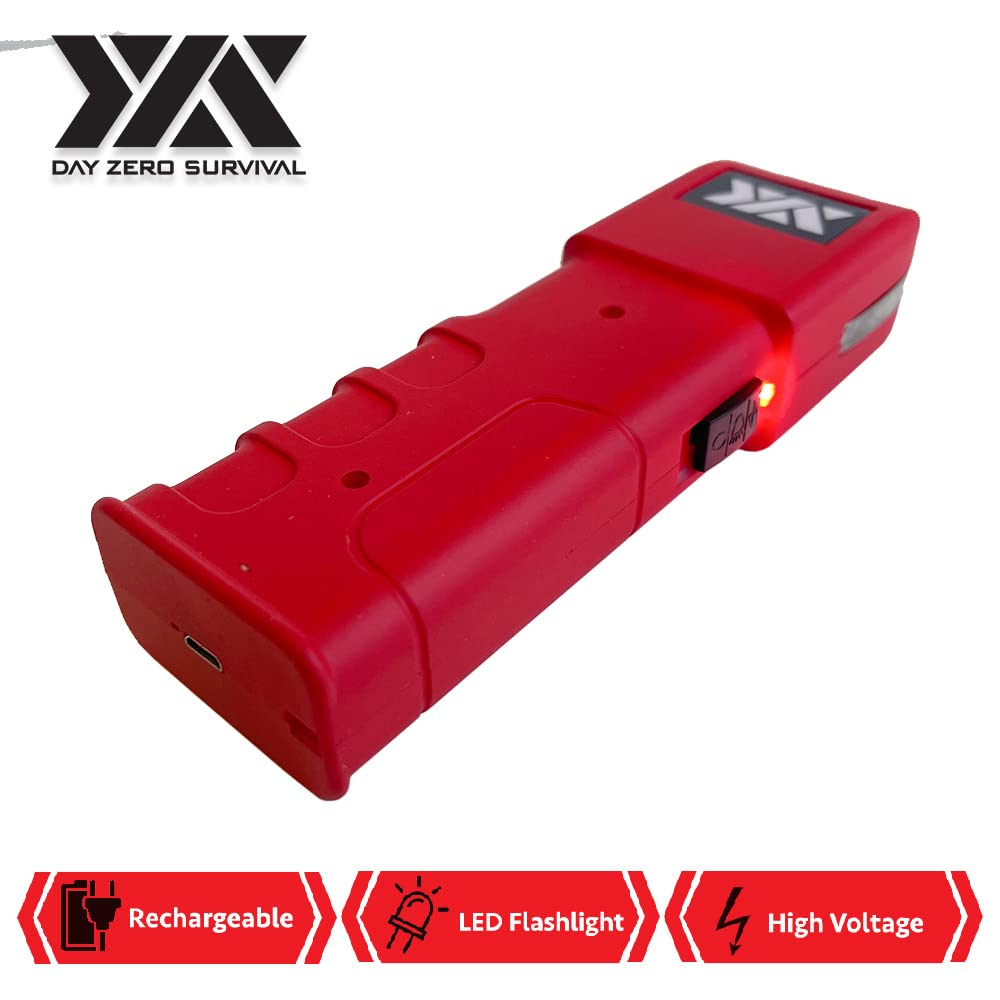 Day Zero Survival Red Stun Gun Heavy Duty 100 Billion Volt Rechargeable with LED Flashlight