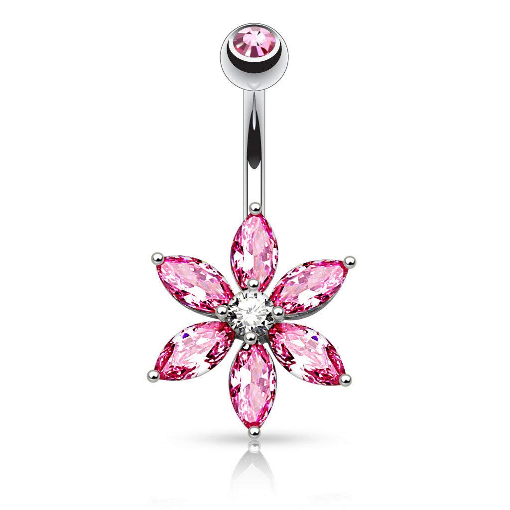 Marquise Cut CZ Flower Petal Surgical Steel Navel Belly Button Ring 14g 3/8" - Pink