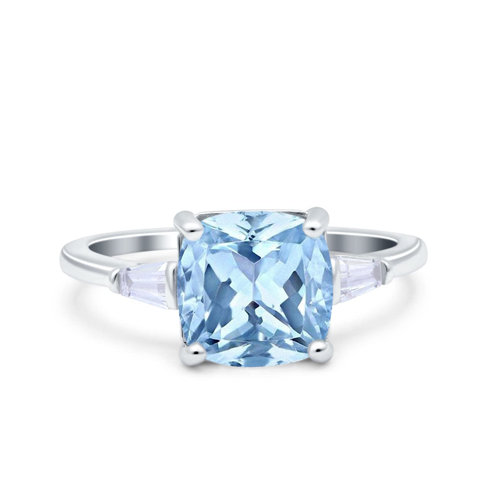 Blue Apple Co. Simulated Aquamarine Cubic Zirconia Size-7 Cushion Cut Art Deco Wedding Bridal Ring Baguette CZ 925 Sterling Silver