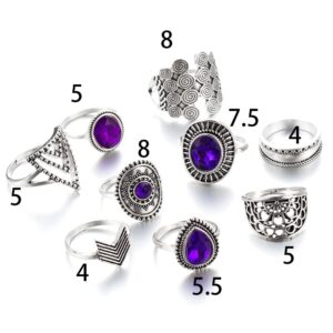 Octwine Statement Purple Crystal Rings Silver Knuckle Rings Queen Rings Jewelry Accessory for Women (9 pcs)