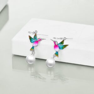 Hummingbird Earrings Gifts for Her Women 925 Sterling Silver Hummingbird Pearl Dangle Earrings Jewelry Christmas Gifts for Women Teen