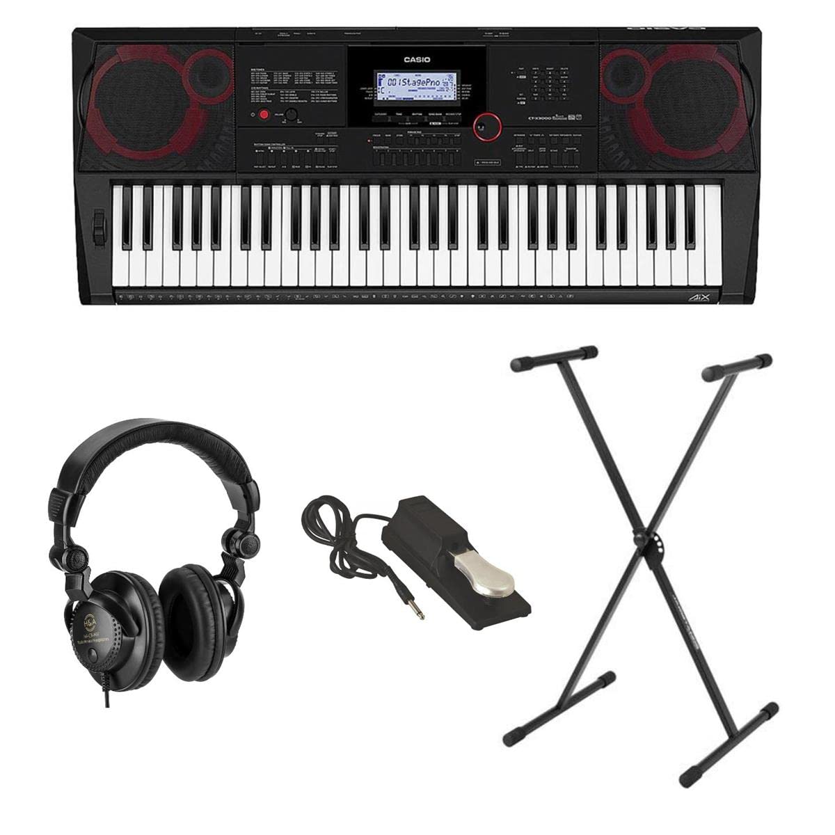 Casio CT-X3000 61-Key Piano Style Standard Portable Keyboard, 12W Amplifier Bundle with Stand, Studio Monitor Headphones, Sustain Pedal