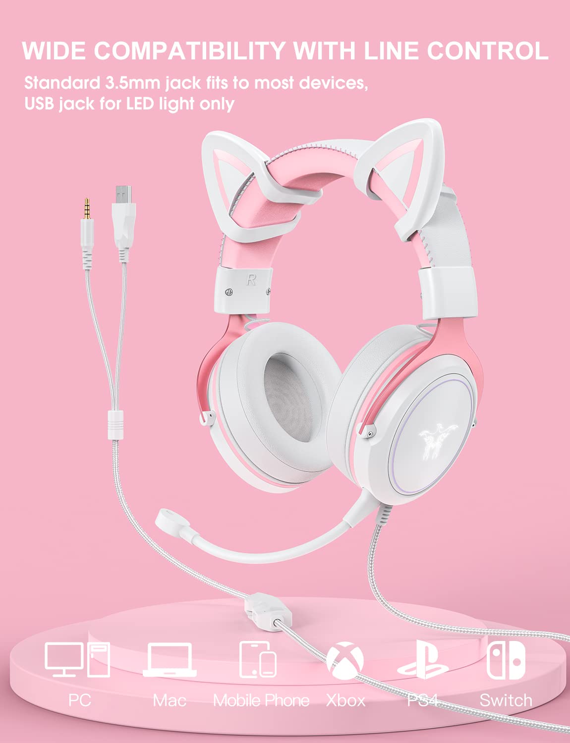 PHNIXGAM Cat Ear Gaming Cute Headset, Wired Over-Ear Headphones with Noise Cancelling Microphone, Surround Sound, LED Backlight for PS4, PS5, Xbox One(No Adapter), PC, Mobile Phone, White & Pink