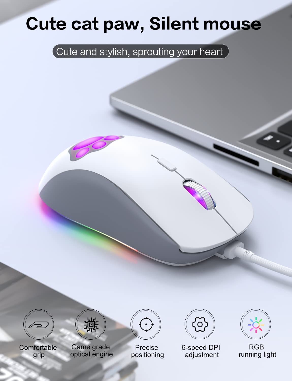 PHNIXGAM Cat Paw RGB Gaming Mouse, Silent Optical Computer Mice USB Wired with 6 Adjustable DPI Up to 7200, RGB Lighting, 6 Programmable Buttons for Windows/Vista/Linux (White)