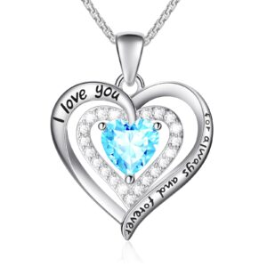 March Birthstone Necklace for Women Sterling Silver Forever Love Heart Pendant Created Aquamarine Necklace Jewelry Anniversary Birthday Gifts for Wife Grandma, 2PCS Silver Chains Length 17.7"+2"