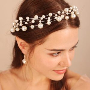 Kercisbeauty Pearl Layer Headband for Women Wedding Bridal Hair Tiara Handmade Headpiece for Wedding Prom Special Occasion Photo Shoot (Silver)