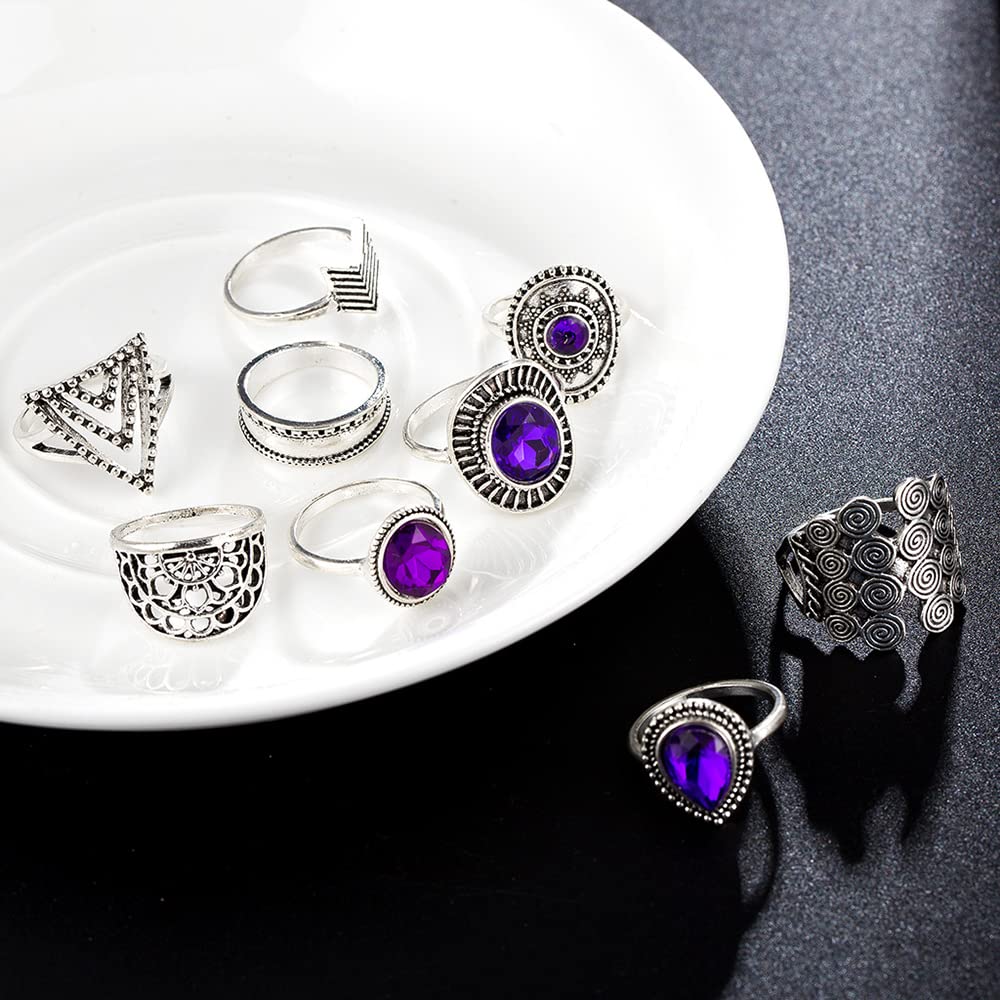 Octwine Statement Purple Crystal Rings Silver Knuckle Rings Queen Rings Jewelry Accessory for Women (9 pcs)