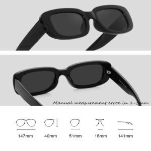 Teumire Retro Rectangle Sunglasses for Women Men Small Square Frame Sun Glasses 2 Pack (Black/Black + Black/Black)