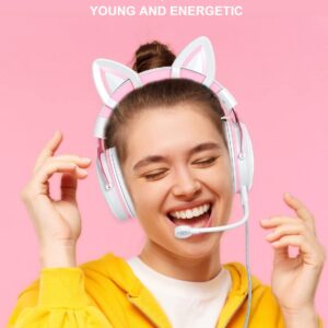 PHNIXGAM Cat Ear Gaming Cute Headset, Wired Over-Ear Headphones with Noise Cancelling Microphone, Surround Sound, LED Backlight for PS4, PS5, Xbox One(No Adapter), PC, Mobile Phone, White & Pink