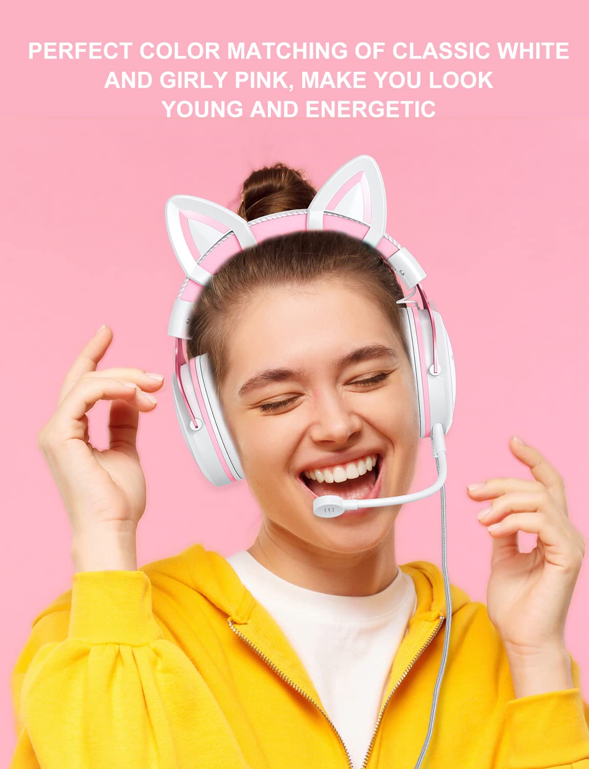 PHNIXGAM Cat Ear Gaming Cute Headset, Wired Over-Ear Headphones with Noise Cancelling Microphone, Surround Sound, LED Backlight for PS4, PS5, Xbox One(No Adapter), PC, Mobile Phone, White & Pink