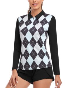 soneven women's long sleeve golf polo shirts moisture wicking quick dry half-zip pullover athletic workout striped tops (1-black argyle, x-large)