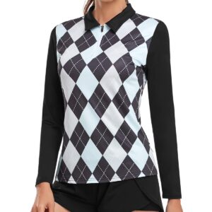 Soneven Women's Long Sleeve Golf Polo Shirts Moisture Wicking Quick Dry Half-Zip Pullover Athletic Workout Striped Tops (1-Black Argyle, X-Large)