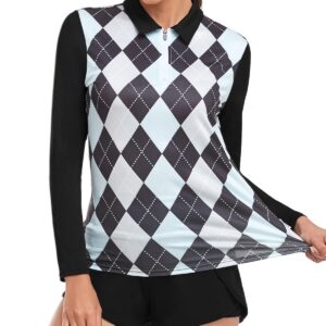 Soneven Women's Long Sleeve Golf Polo Shirts Moisture Wicking Quick Dry Half-Zip Pullover Athletic Workout Striped Tops (1-Black Argyle, X-Large)