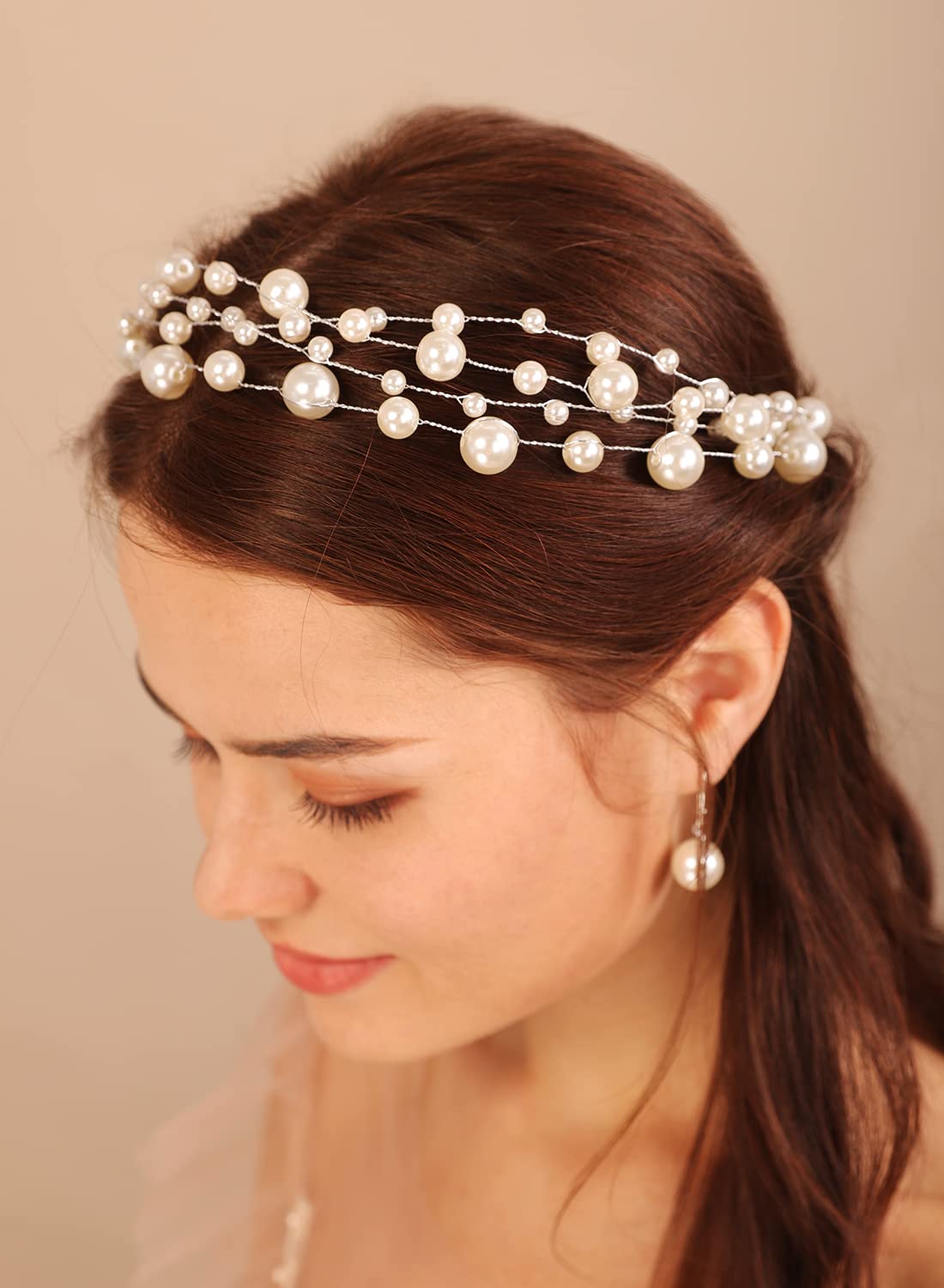 Kercisbeauty Pearl Layer Headband for Women Wedding Bridal Hair Tiara Handmade Headpiece for Wedding Prom Special Occasion Photo Shoot (Silver)