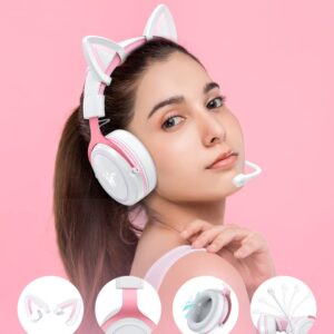 PHNIXGAM Cat Ear Gaming Cute Headset, Wired Over-Ear Headphones with Noise Cancelling Microphone, Surround Sound, LED Backlight for PS4, PS5, Xbox One(No Adapter), PC, Mobile Phone, White & Pink