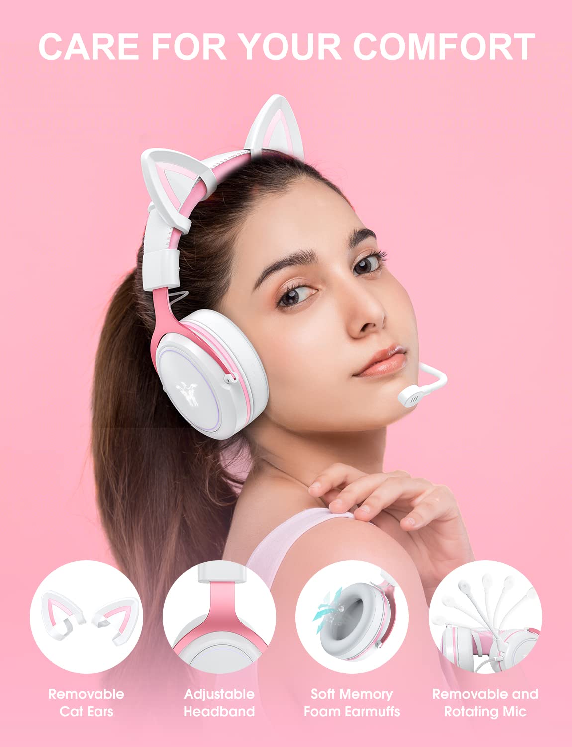 PHNIXGAM Cat Ear Gaming Cute Headset, Wired Over-Ear Headphones with Noise Cancelling Microphone, Surround Sound, LED Backlight for PS4, PS5, Xbox One(No Adapter), PC, Mobile Phone, White & Pink