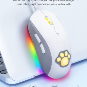 PHNIXGAM Cat Paw RGB Gaming Mouse, Silent Optical Computer Mice USB Wired with 6 Adjustable DPI Up to 7200, RGB Lighting, 6 Programmable Buttons for Windows/Vista/Linux (White)