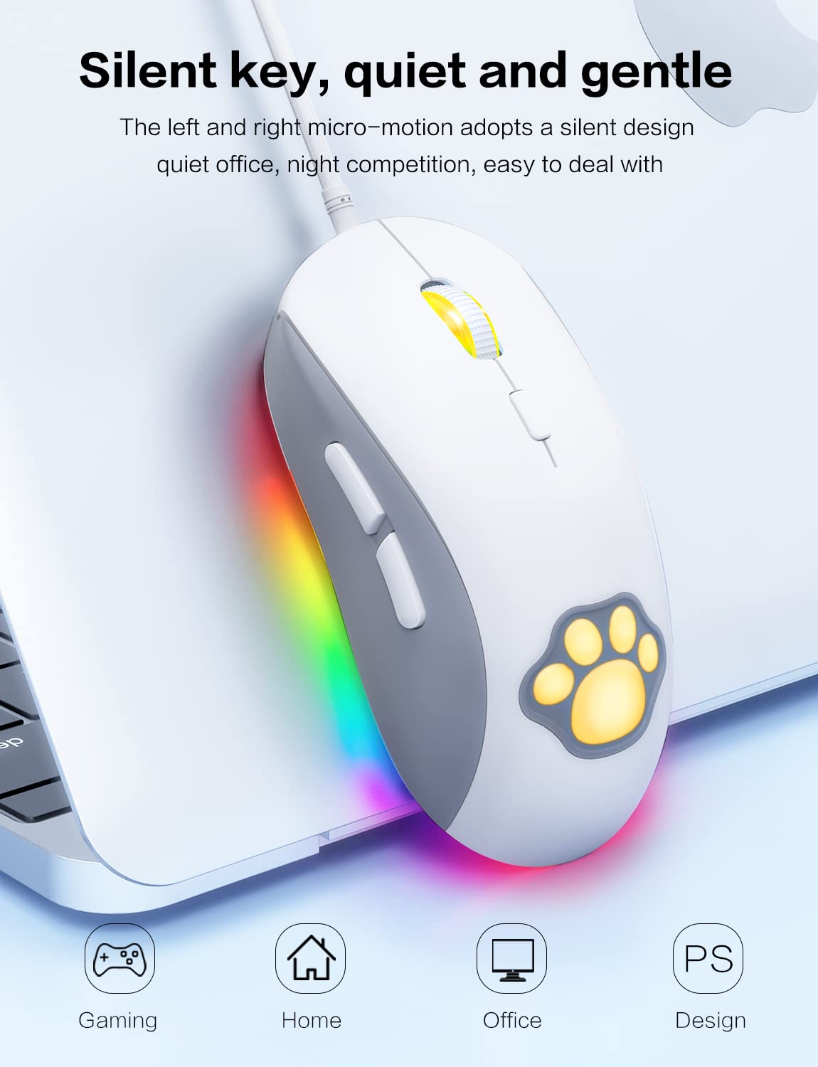 PHNIXGAM Cat Paw RGB Gaming Mouse, Silent Optical Computer Mice USB Wired with 6 Adjustable DPI Up to 7200, RGB Lighting, 6 Programmable Buttons for Windows/Vista/Linux (White)