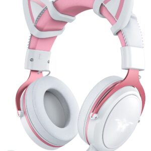 PHNIXGAM Cat Ear Gaming Cute Headset, Wired Over-Ear Headphones with Noise Cancelling Microphone, Surround Sound, LED Backlight for PS4, PS5, Xbox One(No Adapter), PC, Mobile Phone, White & Pink