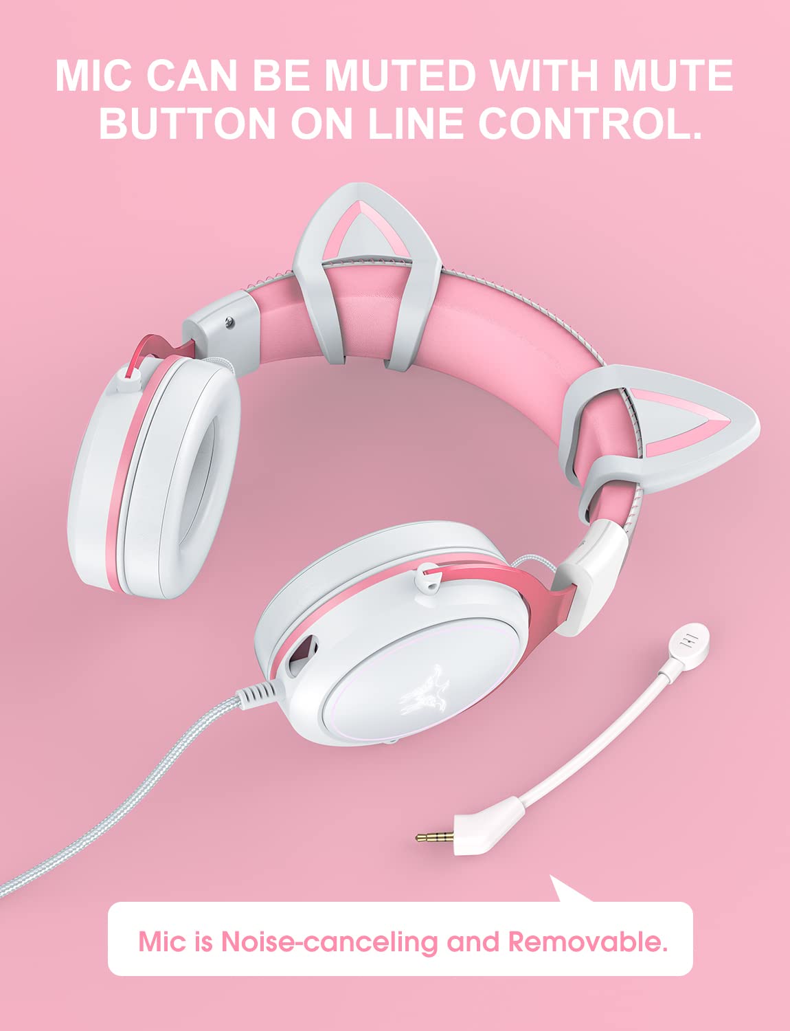 PHNIXGAM Cat Ear Gaming Cute Headset, Wired Over-Ear Headphones with Noise Cancelling Microphone, Surround Sound, LED Backlight for PS4, PS5, Xbox One(No Adapter), PC, Mobile Phone, White & Pink