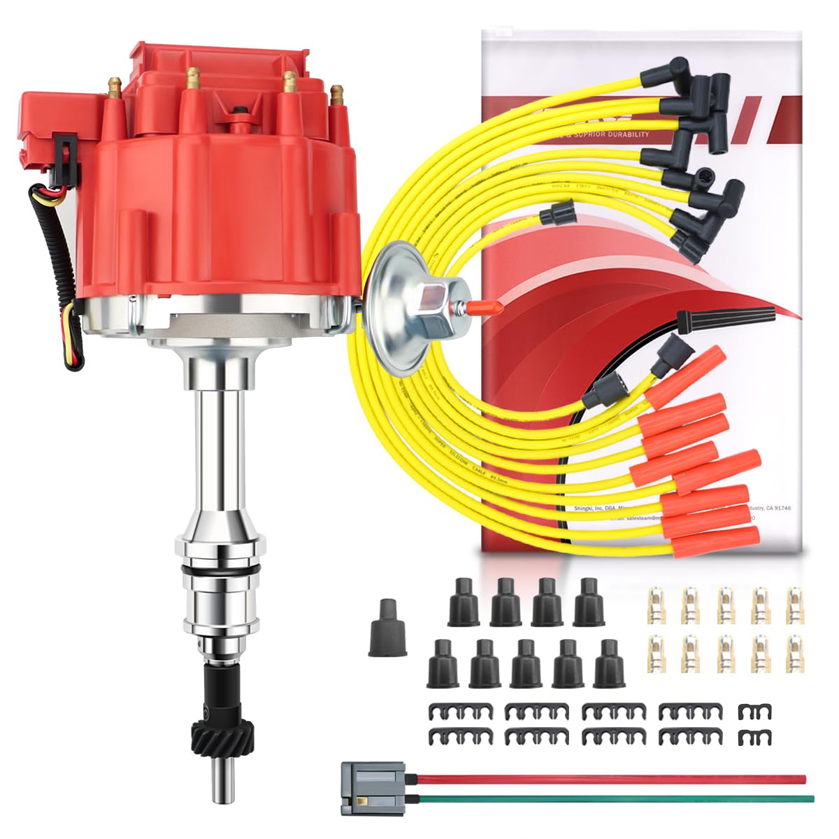 MAS Premium HEI Ignition Distributor 65K Volt with Performance Spark Plug Wires & Free Pigtail Battery Wiring Harness Compatible with SBF Ford Small Block 260 289 302 1030213 PE330U（Red Racing Kit）