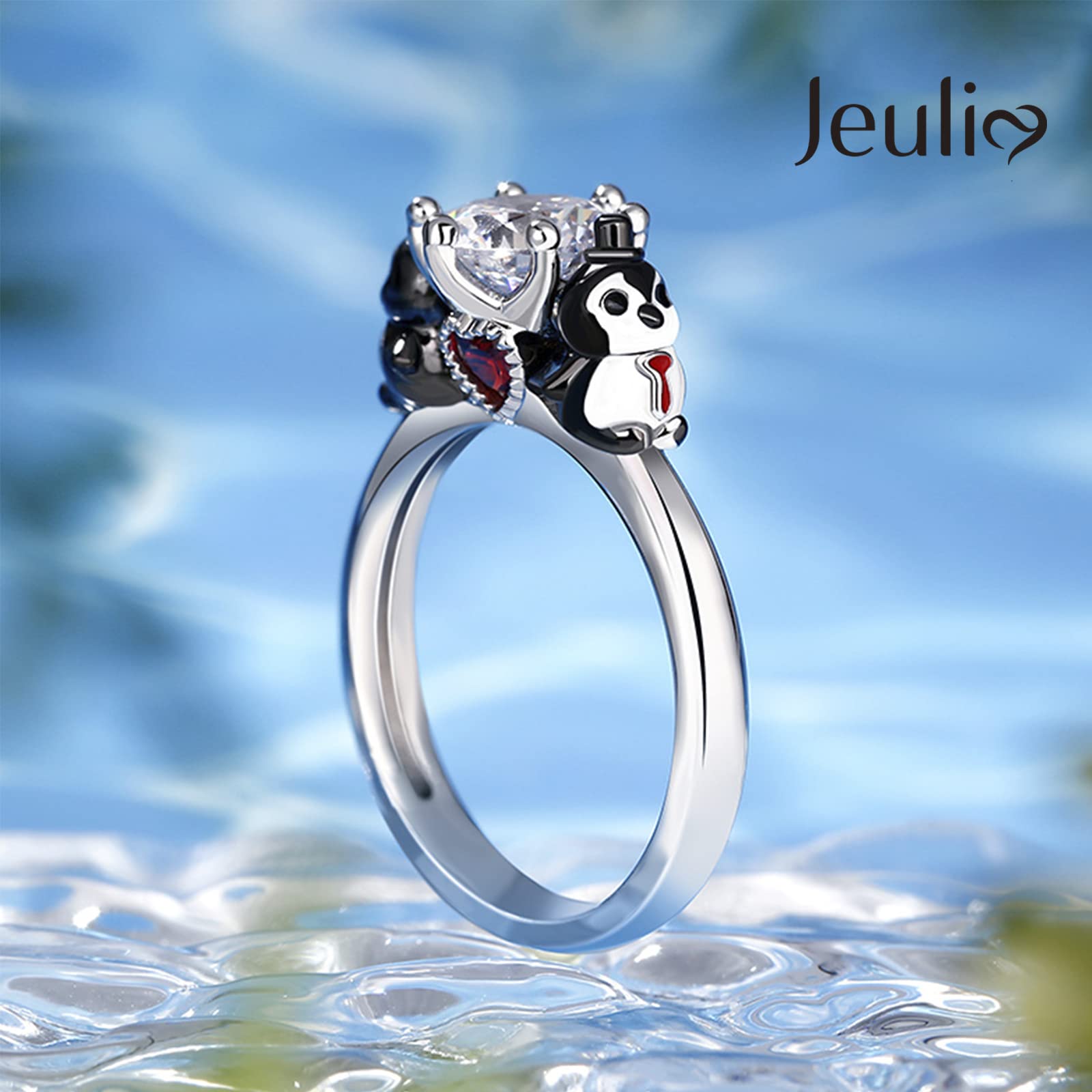 Jeulia 2.5 ct Sterling Silver Engagement Ring Hug Me Garnet Red Stone Round Cut Heart Diamond band CZ Solitaire Anniversary Promise Valentine Birthday for Women Girls with Gift Box (Penguin, 7)