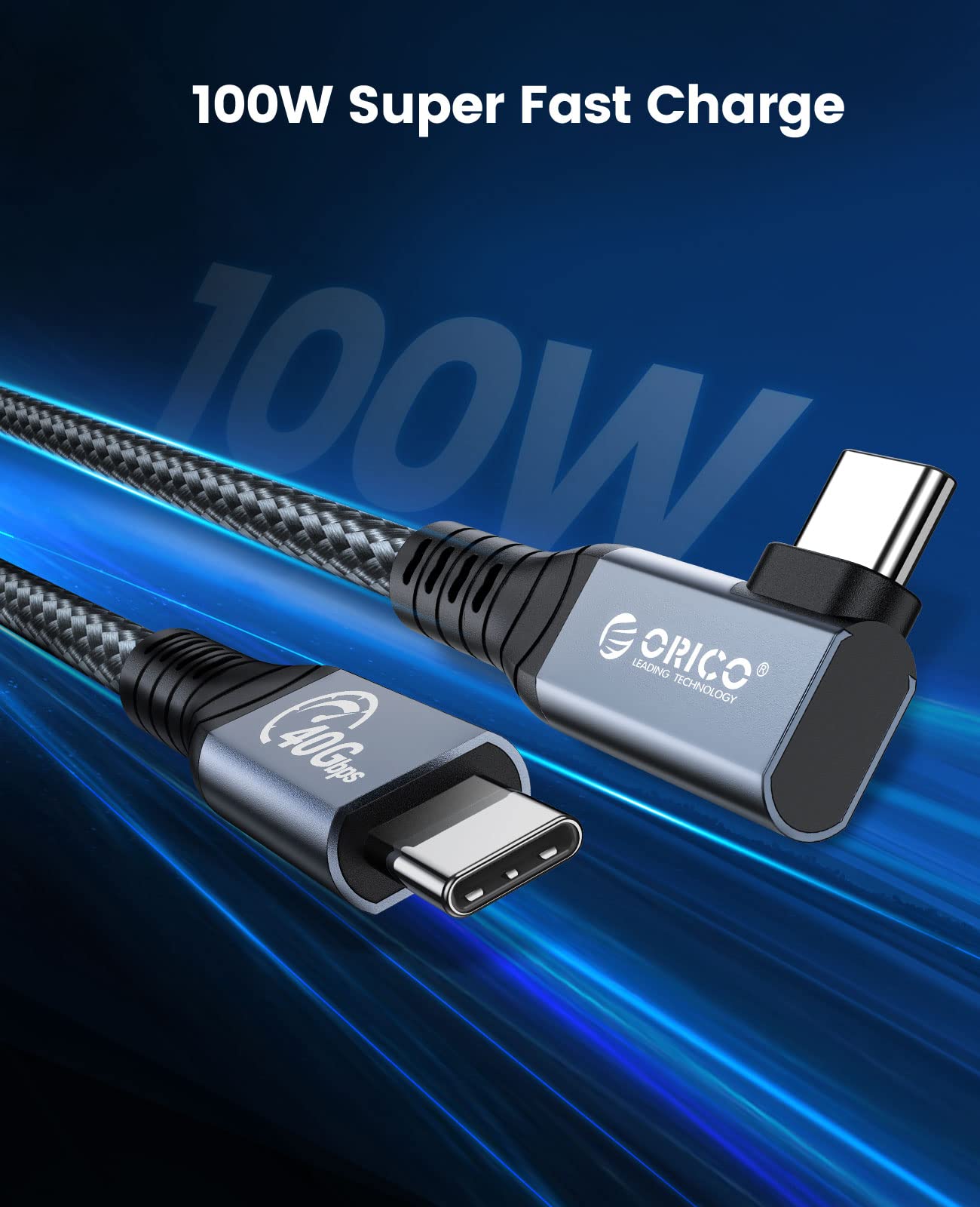 ORICO Cable Compatible with Thunderbolt 4 Right Angle 2.62FT, 40Gbps USB C to USB C Cable with 100W Charging/Display 8K@ 60Hz for MacBooks, iPad Pro, Thunderbolt 4/3 Hub and USB-C Device