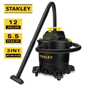 STANLEY 12 Gallon Wet/Dry Vacuum, 5.5 Peak HP, Multifunctional 3 in 1 Shop Vacuum with Blower,1-7/8"x6 Hose, Range for Garage, Carpet Clean, Jobsite SL18199P