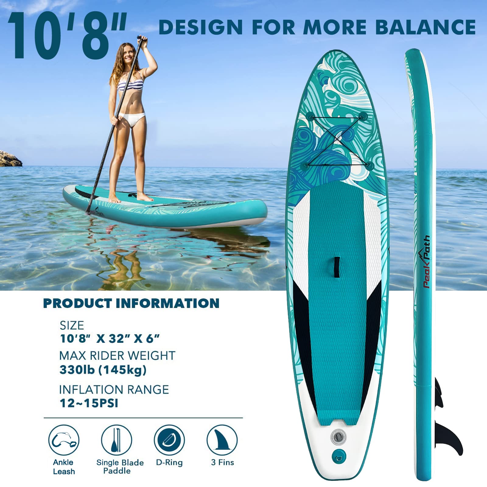 Peakpath Inflatable Stand Up Paddle Board (6" Thick) with Premium SUP Accessories&Bag,Bottom Fin for Paddling,Surf Control,Non-Slip Deck,Leash,Paddle and Two-Way Hand Pump|Youth&Adult Standing Boat