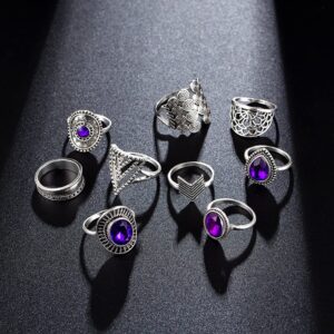 Octwine Statement Purple Crystal Rings Silver Knuckle Rings Queen Rings Jewelry Accessory for Women (9 pcs)