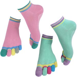 FOX-TECH 2 Pairs Yoga Socks for Women with Grips, Pilates Socks, Barre Socks,Women's Non-Slip Grip Toe Socks (Pink/Mint Green)