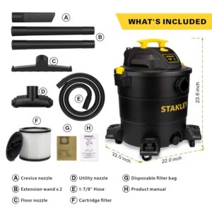 STANLEY 12 Gallon Wet/Dry Vacuum, 5.5 Peak HP, Multifunctional 3 in 1 Shop Vacuum with Blower,1-7/8"x6 Hose, Range for Garage, Carpet Clean, Jobsite SL18199P