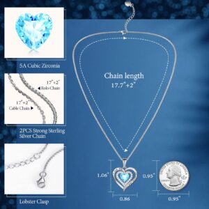 March Birthstone Necklace for Women Sterling Silver Forever Love Heart Pendant Created Aquamarine Necklace Jewelry Anniversary Birthday Gifts for Wife Grandma, 2PCS Silver Chains Length 17.7"+2"