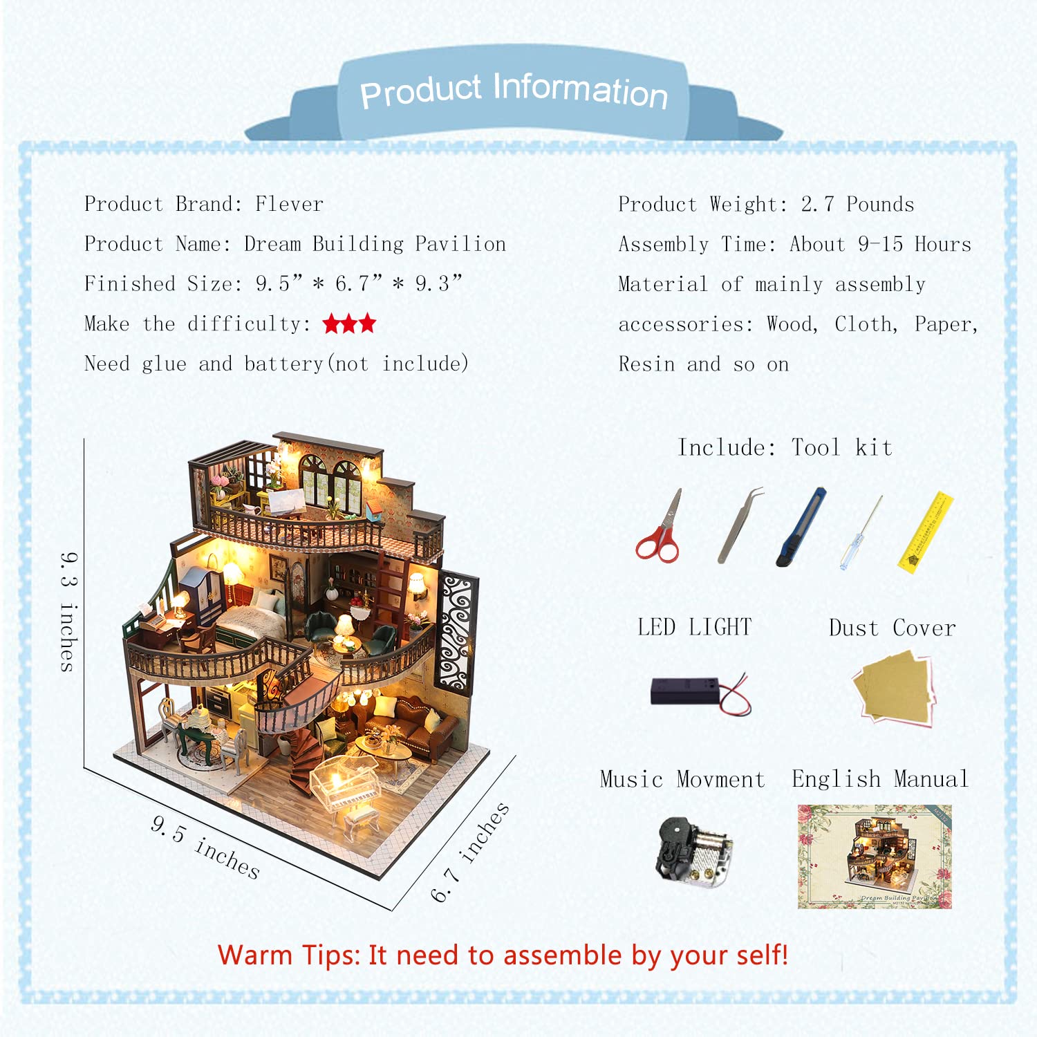 Flever Dollhouse Miniature DIY House Kit Creative Room with Furniture for Romantic Artwork Gift (Dream Building Pavilion)