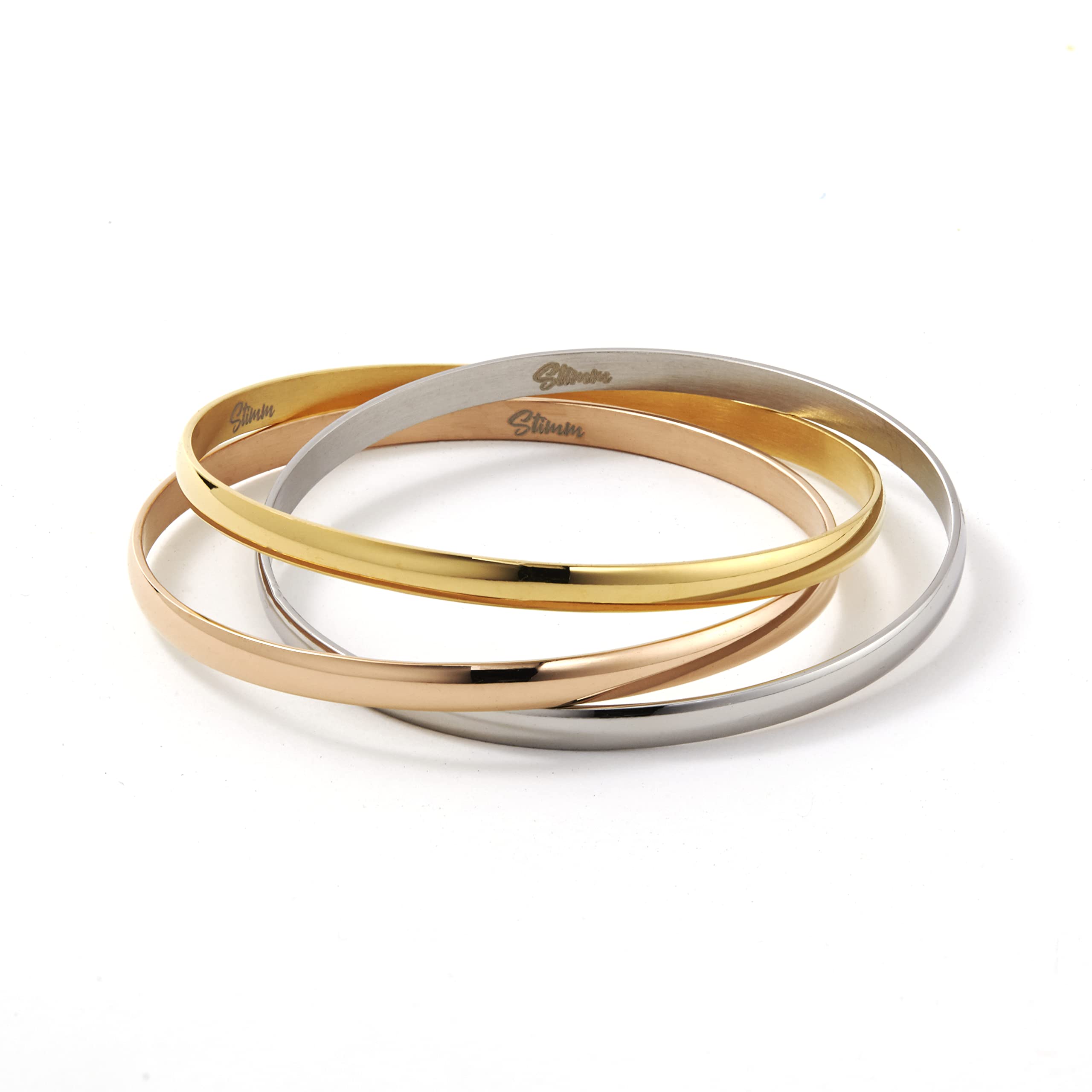 Stimm Tri-Tone Bangle Bracelet Interlocked Stainless Steel in Rose Silver Yellow Gold Women