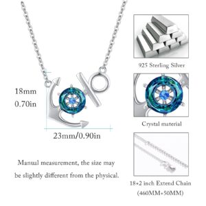 Anchor Necklace for Women, 925 Sterling Silver Boat Anchor Ocean Sailor Necklace, Austrian Circle Crystal Nautical Jewelry Blue Ship Wheel Pendant Inspirational Gifts for Best Friend