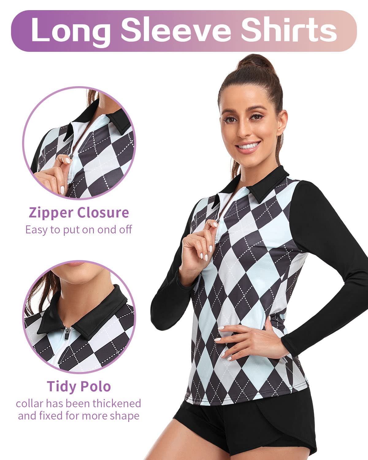 Soneven Women's Long Sleeve Golf Polo Shirts Moisture Wicking Quick Dry Half-Zip Pullover Athletic Workout Striped Tops (1-Black Argyle, X-Large)