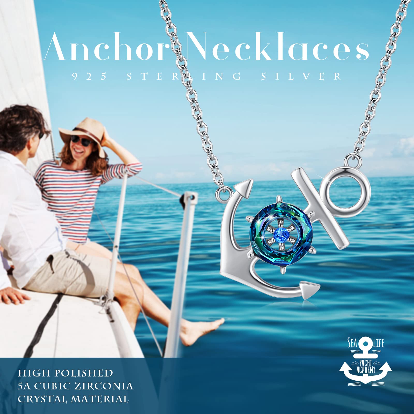 Anchor Necklace for Women, 925 Sterling Silver Boat Anchor Ocean Sailor Necklace, Austrian Circle Crystal Nautical Jewelry Blue Ship Wheel Pendant Inspirational Gifts for Best Friend