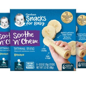 Gerber Snacks for Baby, Baby Food, Snacks, Sitter, Soothe N Chew Teething Sticks, Banana, Banana Teether, 5 Boxes of 6 Individually Wrapped Sticks (30 Count)