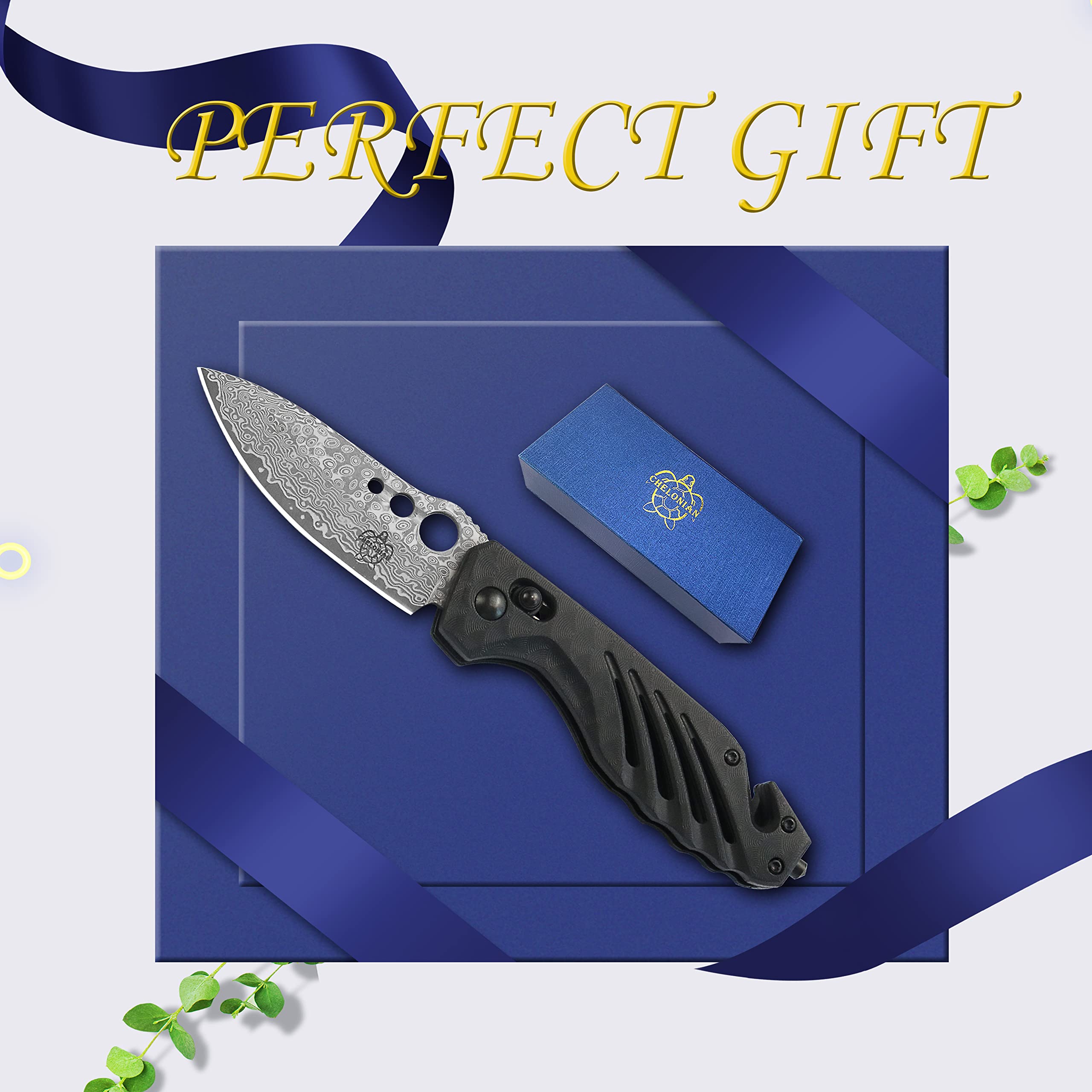 CHELONIAN Gifts for Dad Men,Axis Lock Camping Pocket Knife with Damascus Steel Blade,Glass Breaker,Seatbelt Cutter