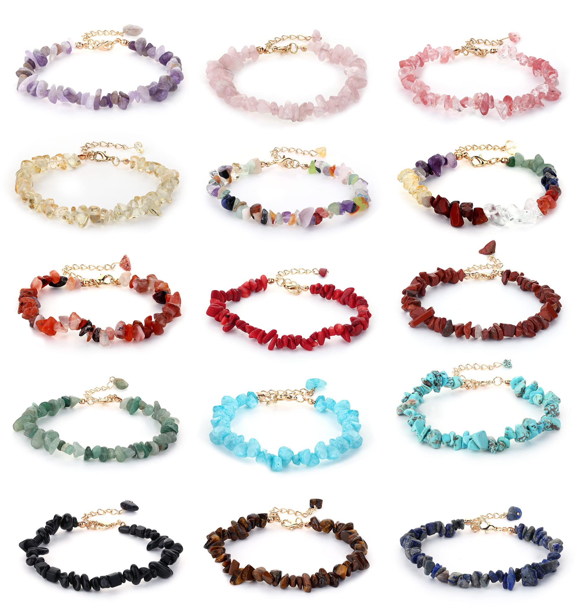 Ubjuliwa 15PCS Natural Gemstone Chakra Bracelets for Women Healing Crystal Bracelets for Women Men Stretchy Shamballa Bracelet Adjustable Tumble Polished Align Chakras Conquer Fear Increase