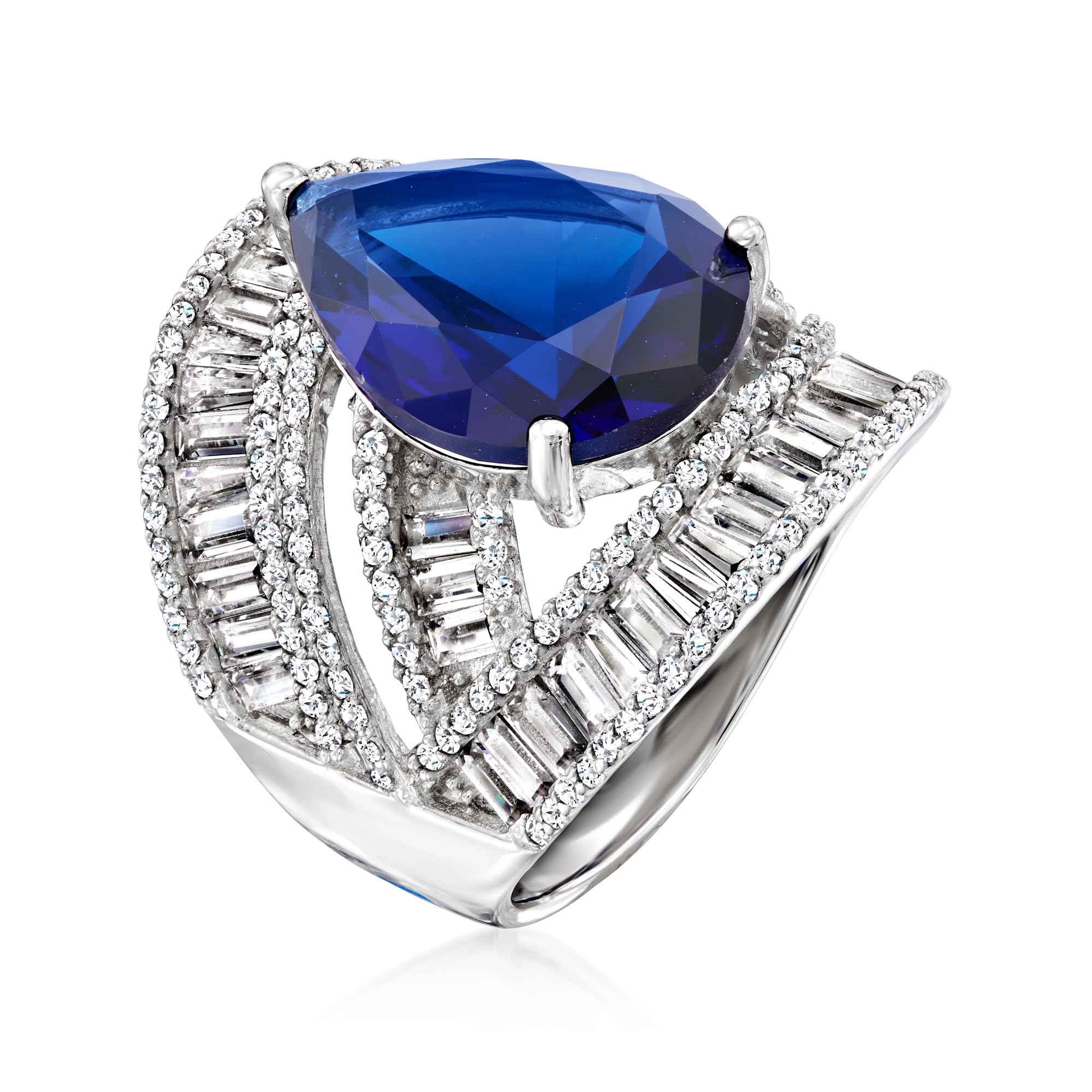 Ross-Simons 9.00 Carat Simulated Sapphire and 3.60 ct. t.w. CZ Ring in Sterling Silver. Size 9