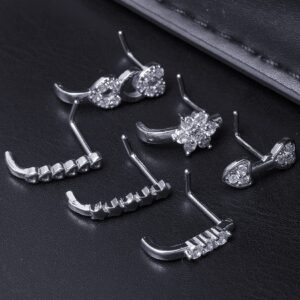 Akeoqi 6Pcs Nose Studs Nose Ring Inlaid Cubic Zirconia L Shaped Studs Lotus Star Heart Nose Nostril Piercing Jewelry for Women Men Sliver Tone 20G