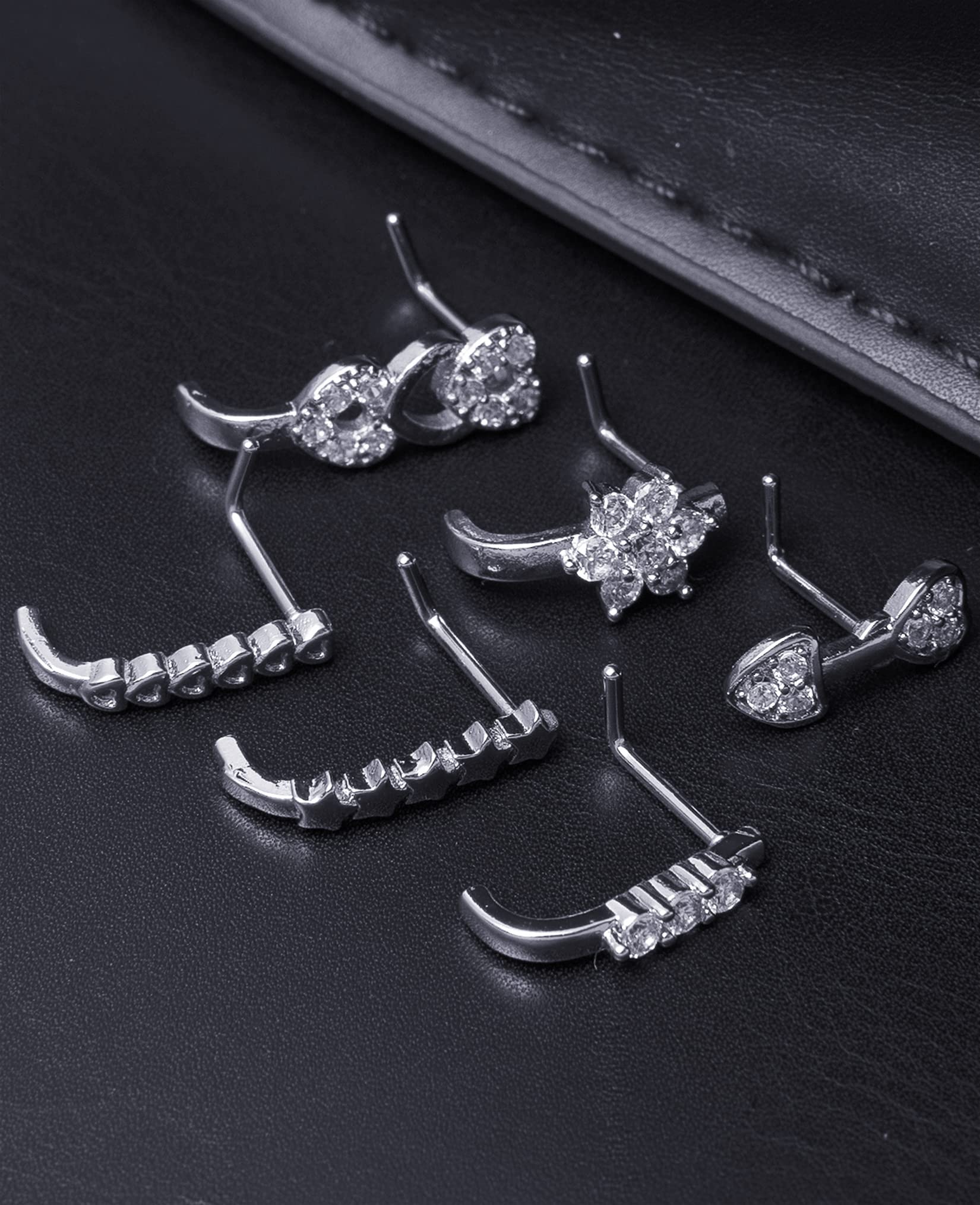 Akeoqi 6Pcs Nose Studs Nose Ring Inlaid Cubic Zirconia L Shaped Studs Lotus Star Heart Nose Nostril Piercing Jewelry for Women Men Sliver Tone 20G