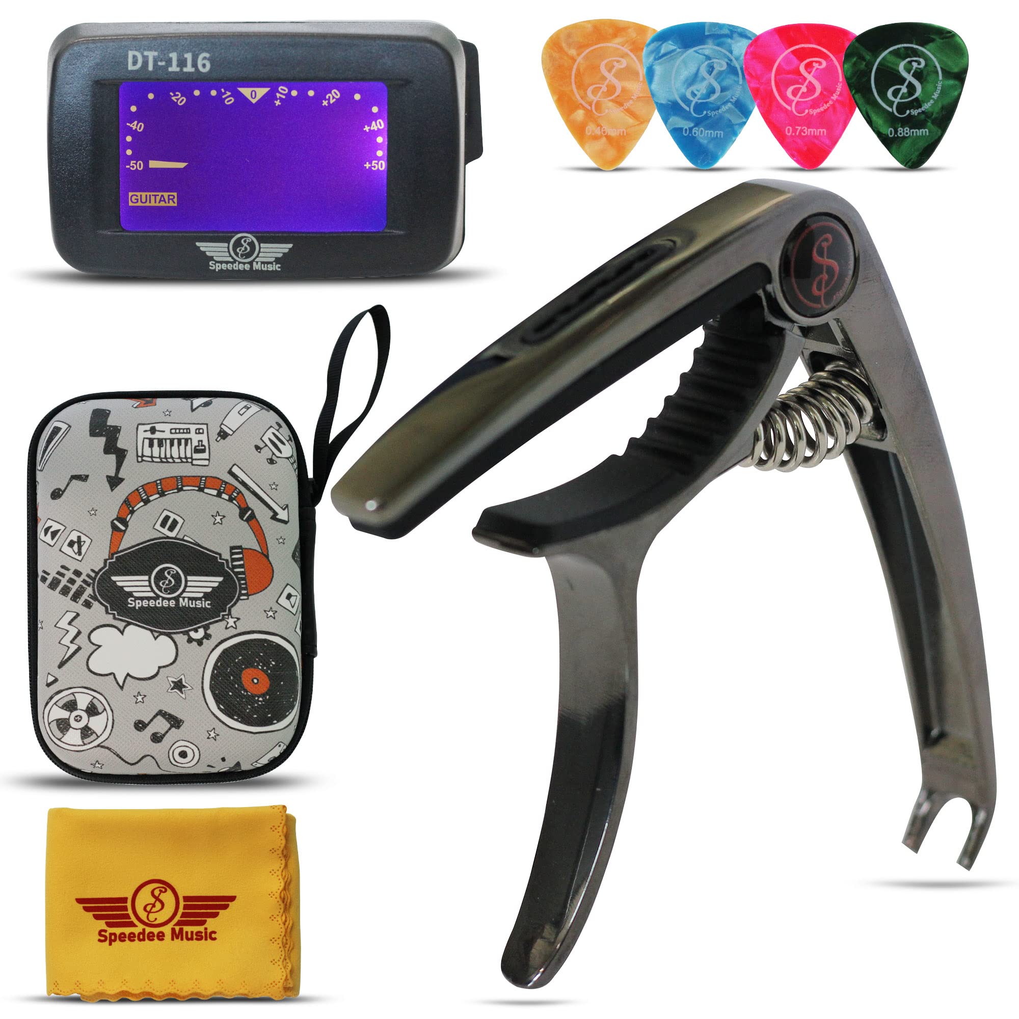 Speedee Music Capo Bundle Gift Pack - 4 Assorted Guitar Picks, Guitar Tuner, 3-1 Capo with Built-in Pick Stand and Pin Puller, Storage Bag for Guitar Accessories