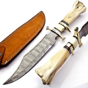 Vainsta Fixed Blade Knife with Sheath 15 Inch Handmade Custom Damascus Hunting Knife, Hand Forged Classic Bowie Knife with Camel Bone Handle for Firm Grip, white